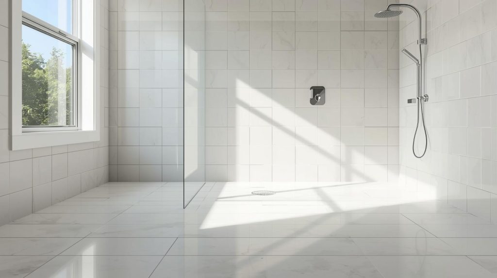 Modern bathroom with clean white tiled walls and floor after professional regrouting and sealing – Auckland bathroom restoration services.