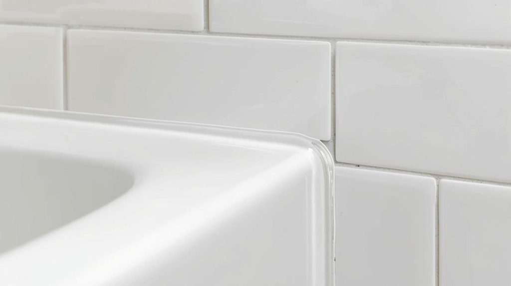 Freshly applied silicone seal around bathroom tiles and sink – professional re-silicone and sealing services in Auckland for watertight, mould-resistant finishes.