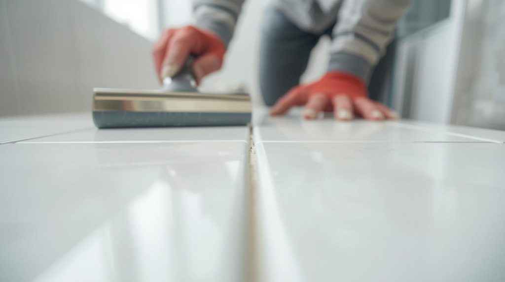Close-up of a worker applying epoxy grout to white floor tiles with a grout float – professional regrouting services in Auckland for durable, mould-resistant finishes.