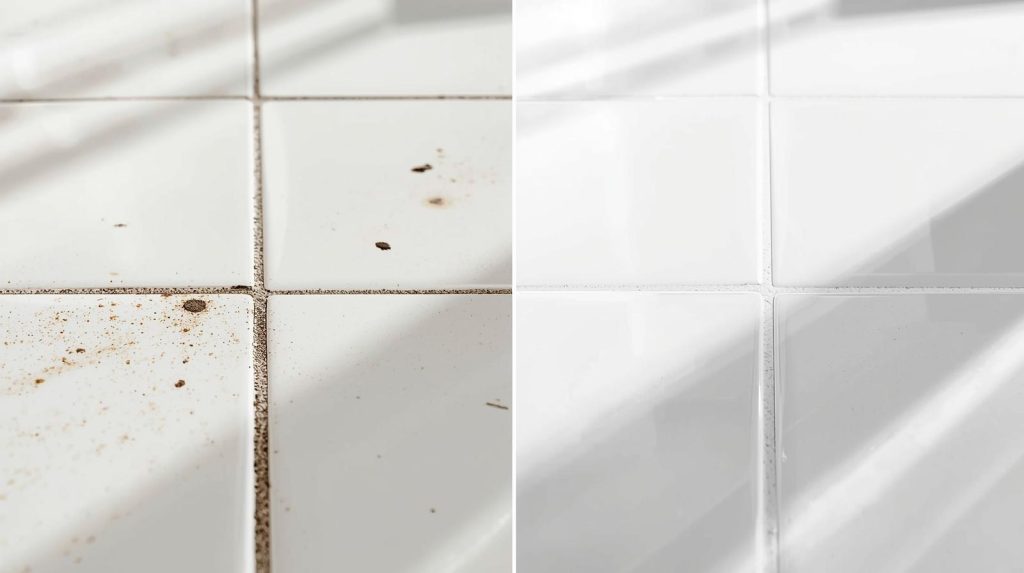 Comparison of dirty grout lines before and after professional tile and grout cleaning – Auckland tile cleaning services for fresh, spotless finishes.