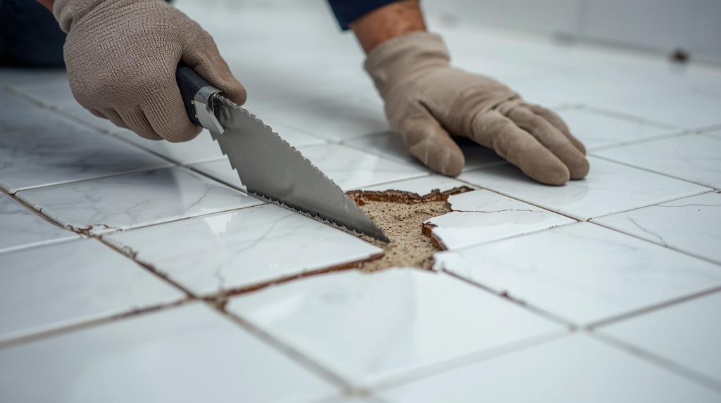 Close-up of a tradesman removing broken ceramic floor tiles with a hand tool – professional tile repair and replacement services in Auckland.