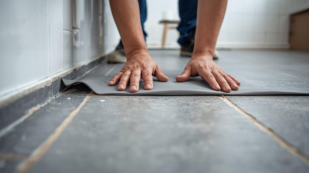 Worker applying waterproofing membrane on bathroom floor before tiling – professional waterproofing services in Auckland to protect against leaks and moisture damage.